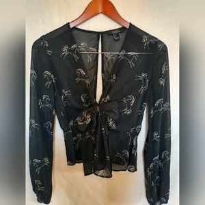 Forever 21 Semi Sheer Blouse Horse Print Long Sleeve Tie Front Open Back Size S